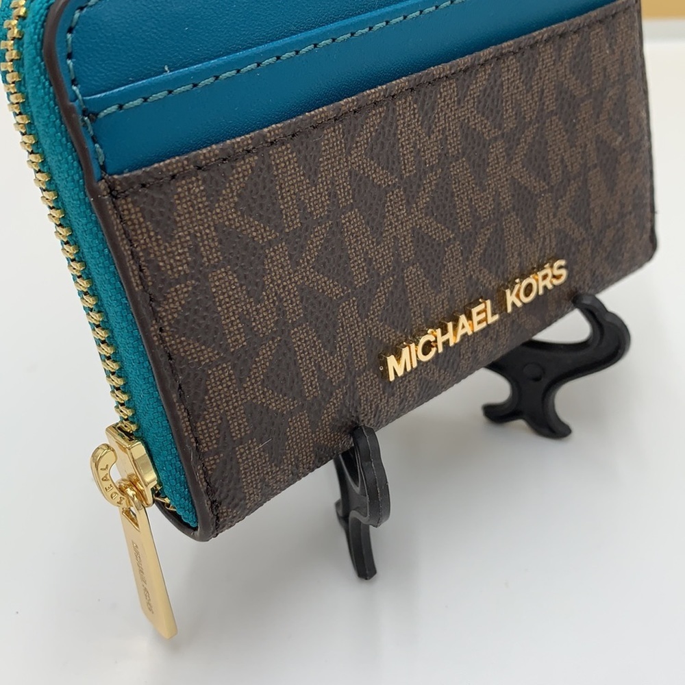 MICHAEL KORS JET SET TRAVEL MEDIUM ZIP AROUND CARD CASE LAGOON/BROWN SIGNATURE - Picture 3 of 12